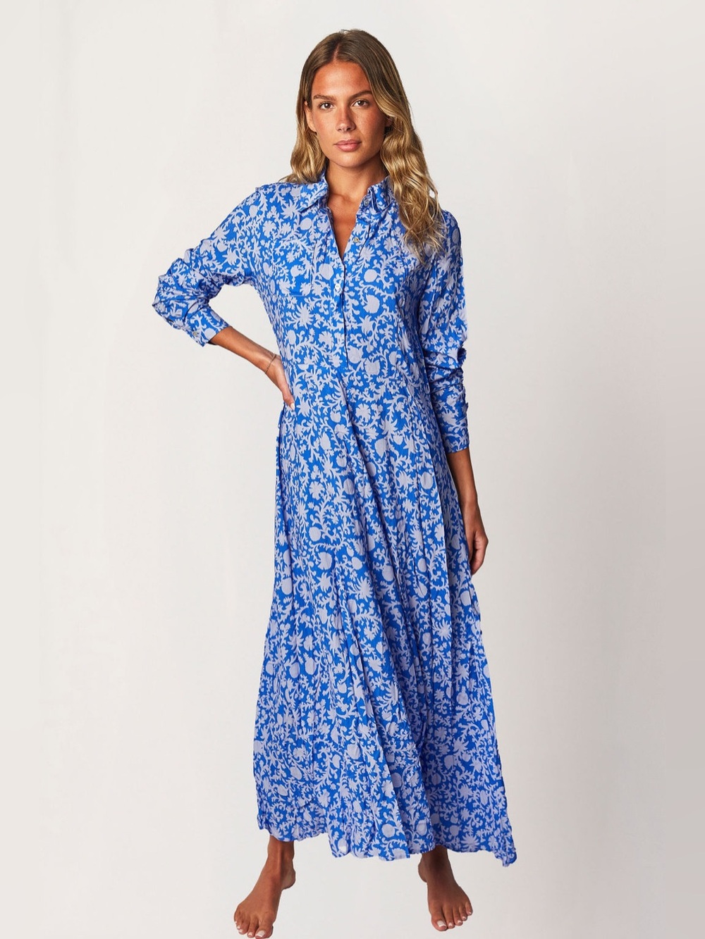CITRINE LORENA BLUE BLOOMS FLORAL MIDI / MAXI DRESS SZ S - Picture 5 of 8